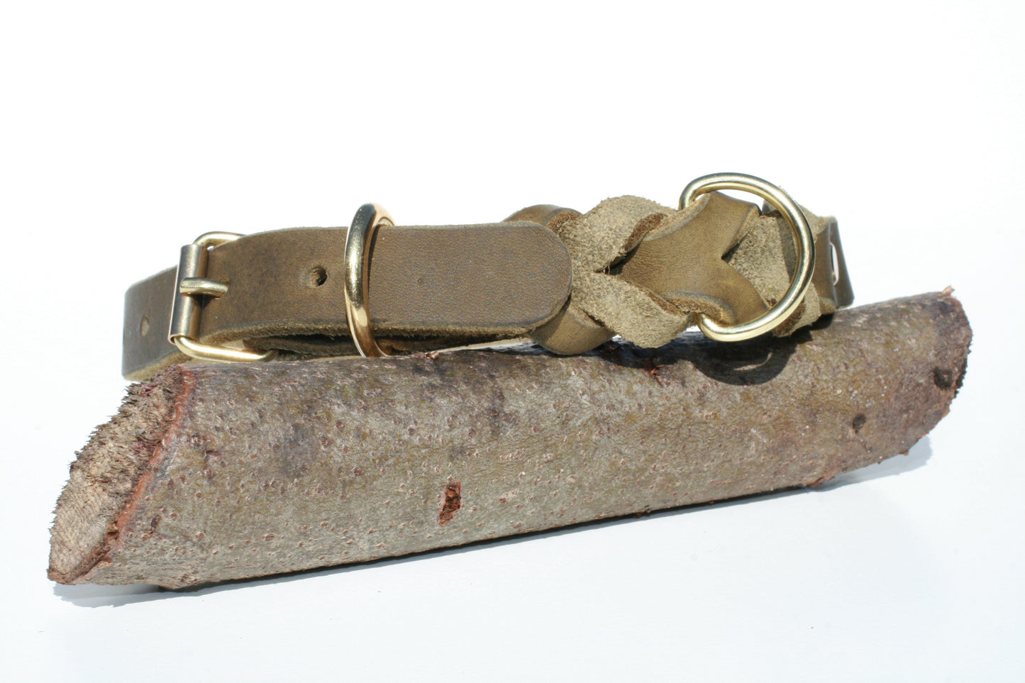 Hundewohl - Fettleder Halsband teilgeflochten / Messing Beschläge 20mm Breite