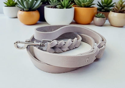 Gray leather leash with black fittings