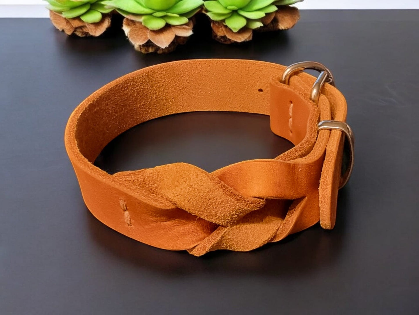 Hundewohl - Fettleder Halsband teilgeflochten / Messing Beschläge 20mm Breite