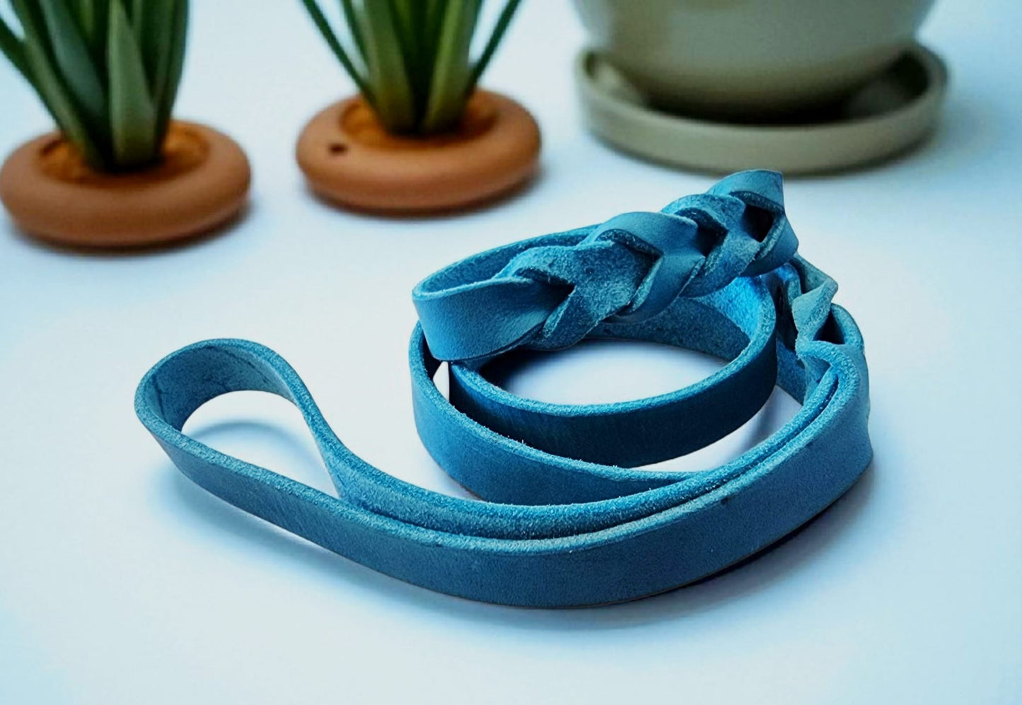 Gray leather leash with black fittings
