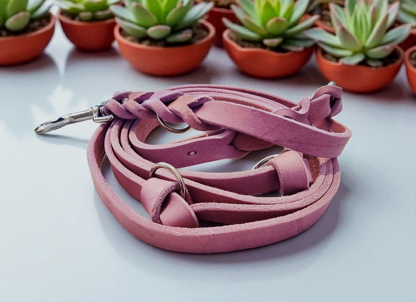 Gray leather leash with black fittings