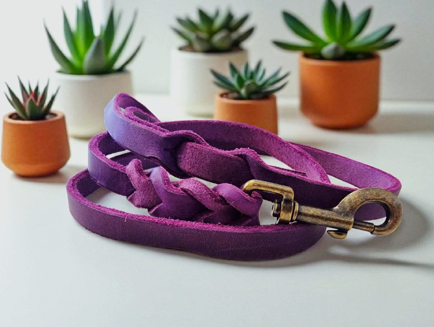 Gray leather leash with black fittings