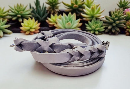 Gray leather leash with black fittings