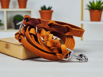 Gray leather leash with black fittings