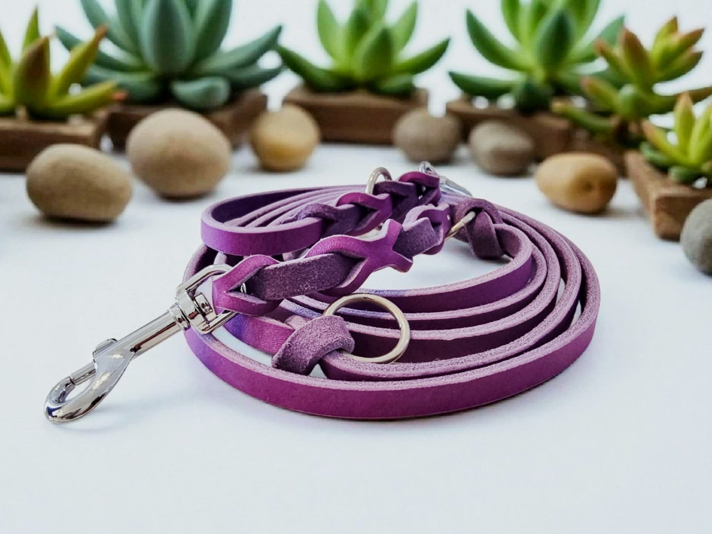 Gray leather leash with black fittings