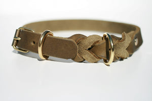 Hundewohl - Schmales Fettleder Halsband teilgeflochten / Messing Beschläge